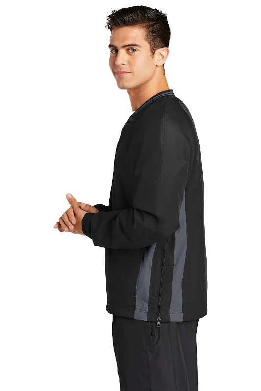 Sport-Tek Mens Water Resistant V-Neck Jacket - Black/Graphite Grey