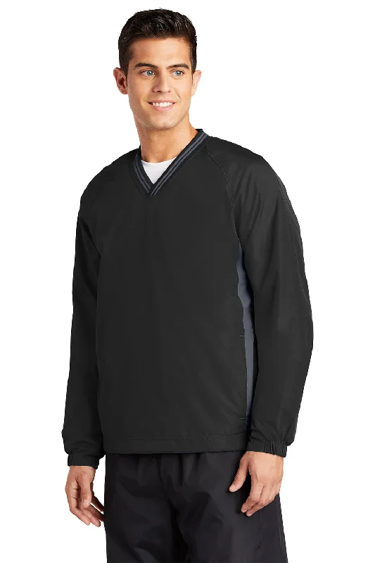 Sport-Tek Mens Water Resistant V-Neck Jacket - Black/Graphite Grey