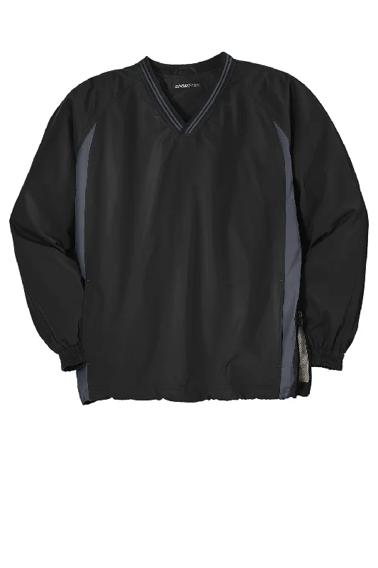 Sport-Tek Mens Water Resistant V-Neck Jacket - Black/Graphite Grey