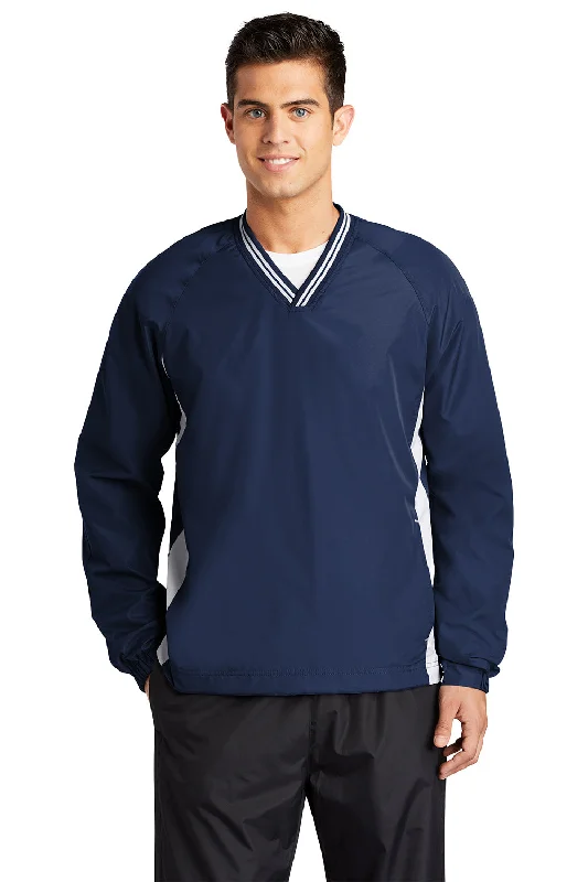 Sport-Tek Mens Water Resistant V-Neck Jacket - True Navy Blue/White