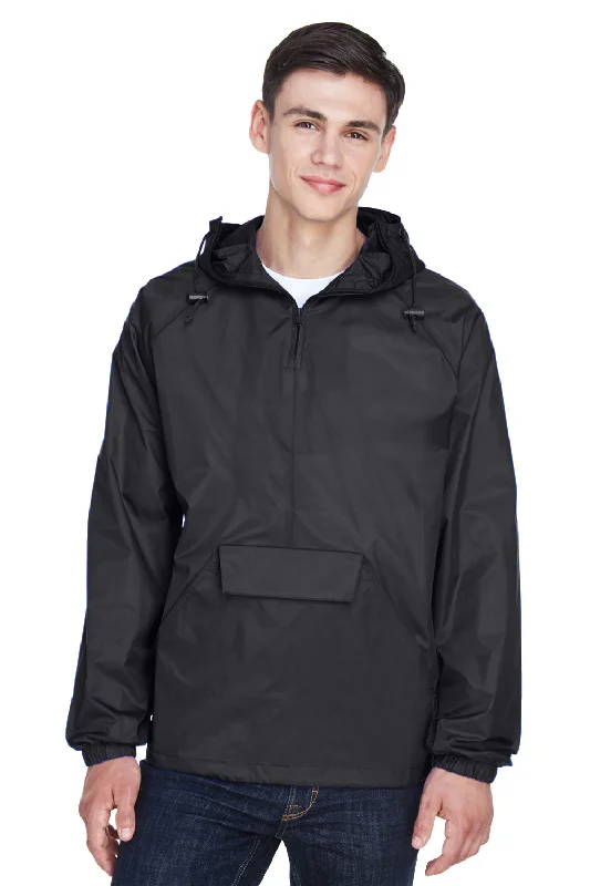 UltraClub Mens Pack Away Wind & Water Resistant 1/4 Zip Hooded Jacket - Black