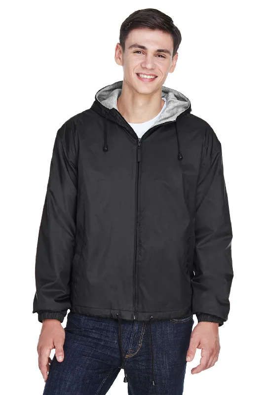 UltraClub Mens Wind & Water Resistant Full Zip Hooded Jacket - Black