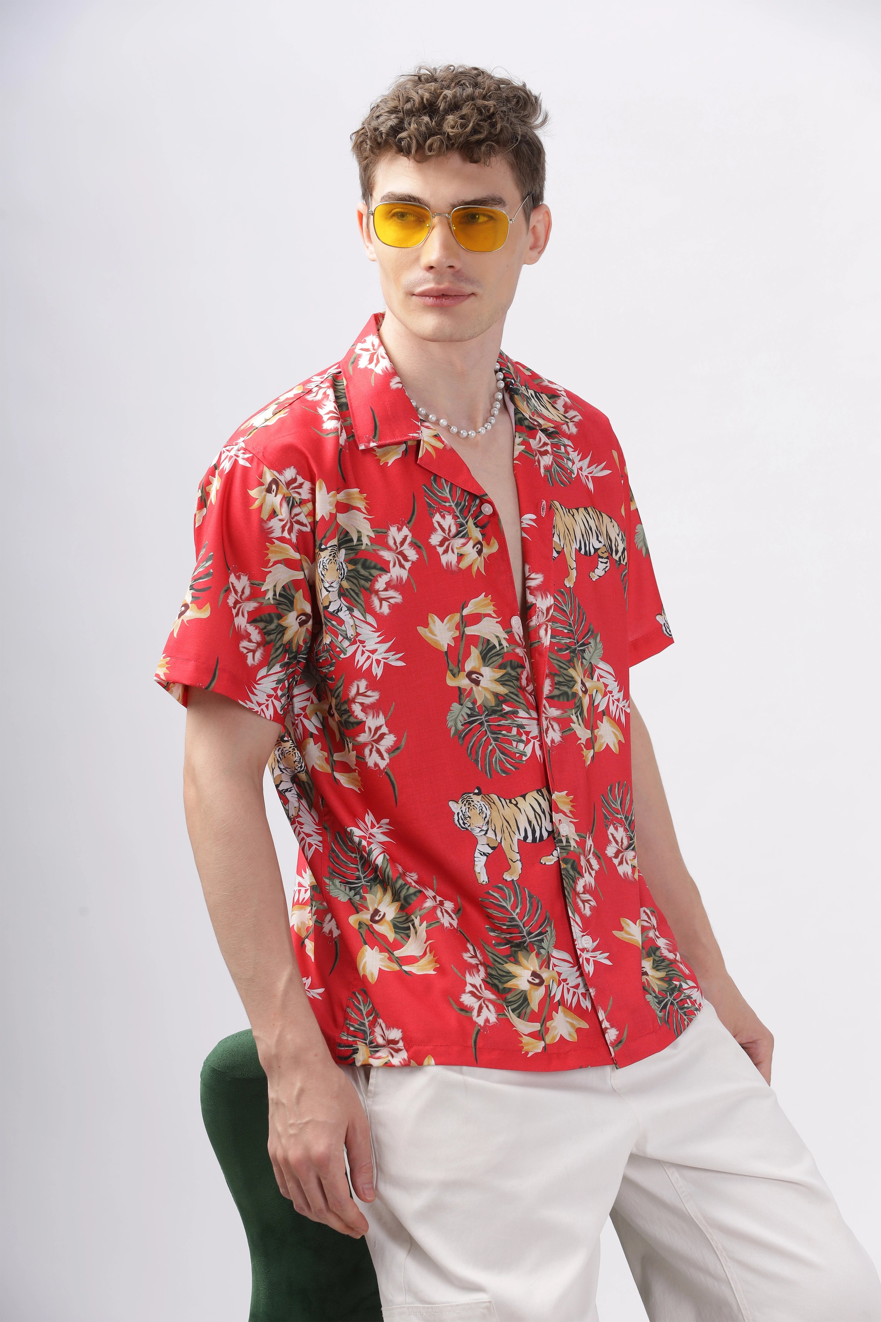 Flower print red half sleeve shirt for men