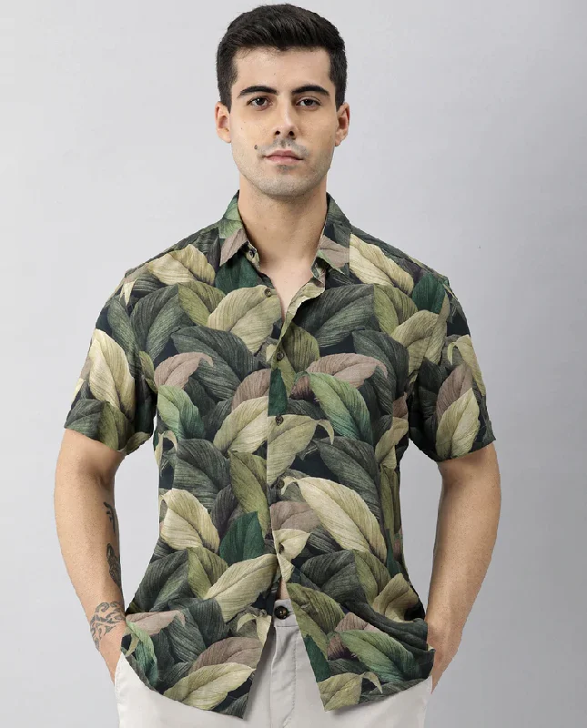 Green leaf print half sleeve shirt for men