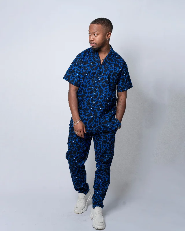 Femi Ankara Men Short Sleeve Shirt | Blue and Black African Print