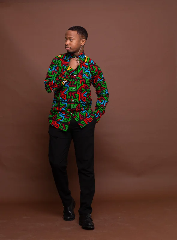 Francis Ankara Men Long sleeve Shirt | Green and Blue Multicolored African Print Shirt