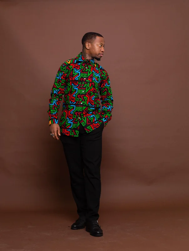 Francis Ankara Men Long sleeve Shirt | Green and Blue Multicolored African Print Shirt