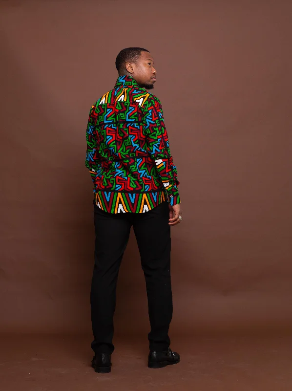 Francis Ankara Men Long sleeve Shirt | Green and Blue Multicolored African Print Shirt