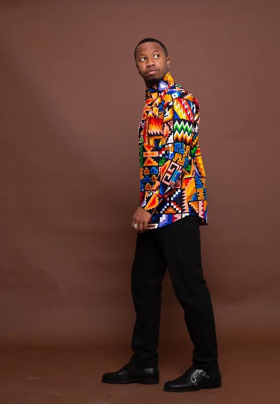 Fred Ankara Men Shirt | Orange and White Multicolored African Print