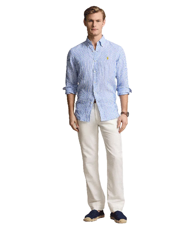 Custom Fit Striped Linen Shirt - Blue