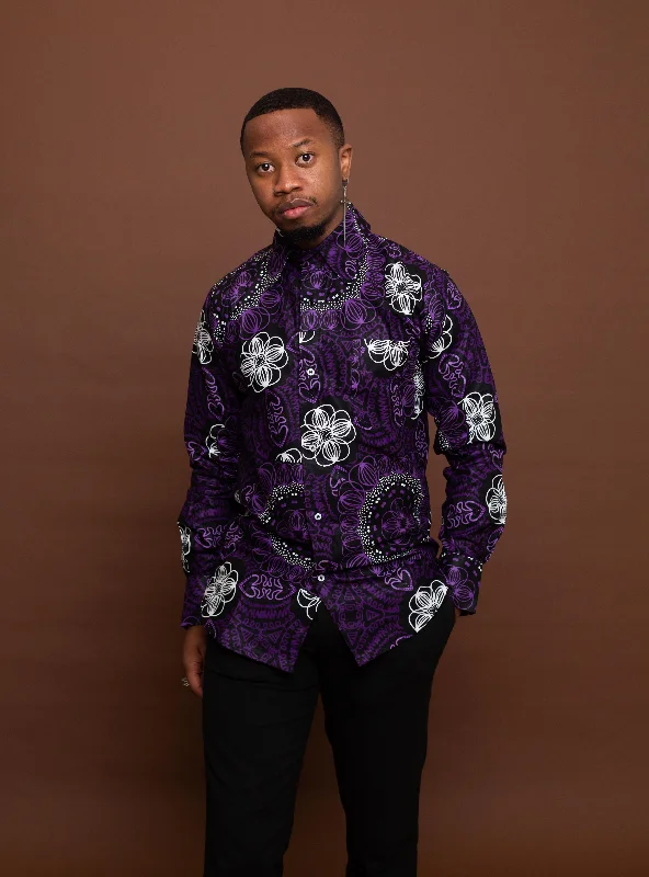 Simon Ankara Men Shirt | Purple and White African Print