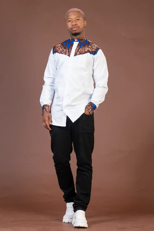 Timi Mixed Print Men Shirt | White and African Ankara Print