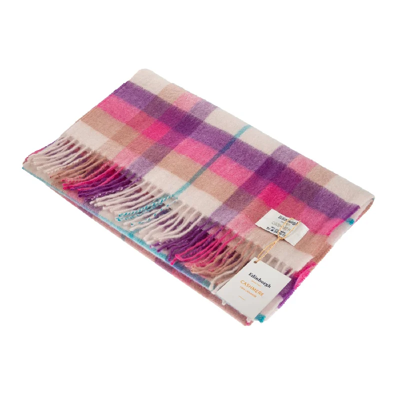 100% Cashmere Wide Scarf Galaxy Plaid Pink