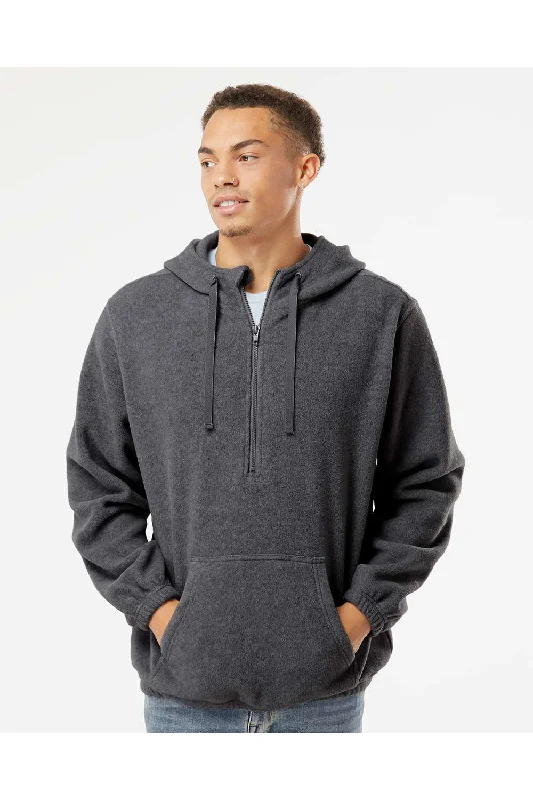 Burnside Mens Polar Fleece 1/4 Zip Hooded Sweatshirt Hoodie - Heather Charcoal Grey - NEW