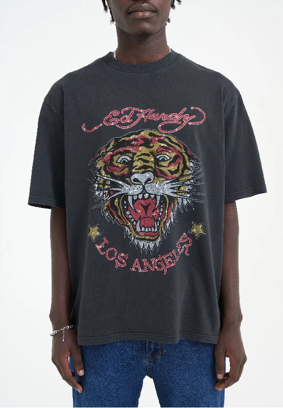 Mens La Tiger Vintage Diamante Tshirt - Black