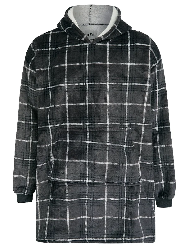 Adult Lenox Tartan Checked Soft Fleece Borg Lined Oversized Hooded Blanket with Pocket in Grey Check - Tokyo Laundry