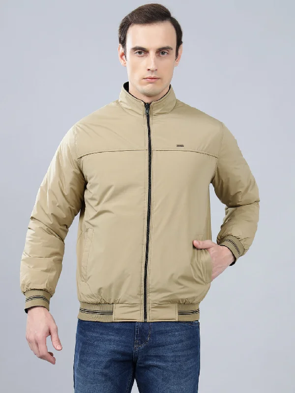 Men's Beige Solid Mock Neck Reversible Winter Jacket