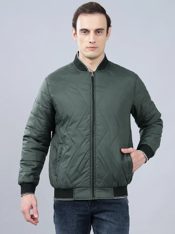 Men's Olive Green Solid Mock Neck Reversible Winter Jacket