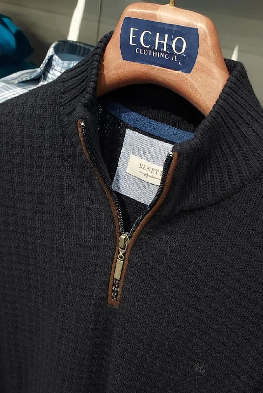 BENETTI 1/4 ZIP GORDAN WAFFLE KNIT -NAVY