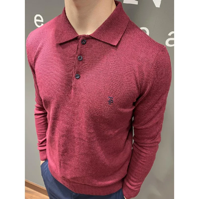 Tom Penn Long Sleeve Polo Knit - Burgundy